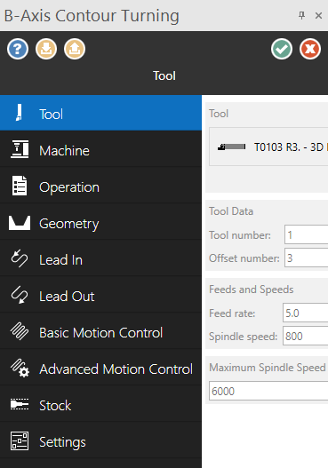 The "B-Axis Contour Turning" function panel. 