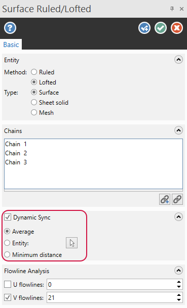 The "Surface Ruled/Lofted" function panel. 