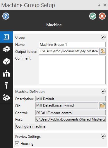 The "Machine Group Setup" function panel. 