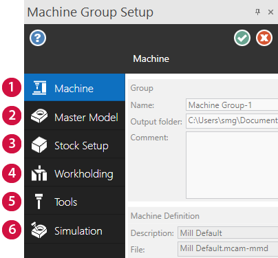 The "Machine Group Setup" function panel. 